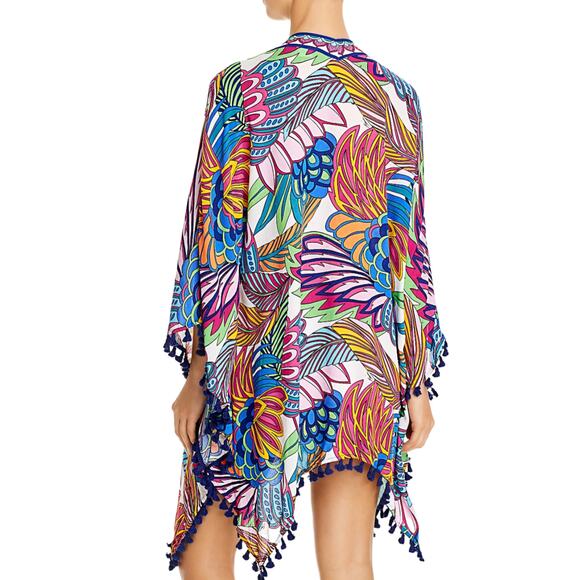 Trina Turk Paradise Plume Kimono Cover-Up OS | Tropical Tassel Trim, Bold Print - Picture 2 of 5